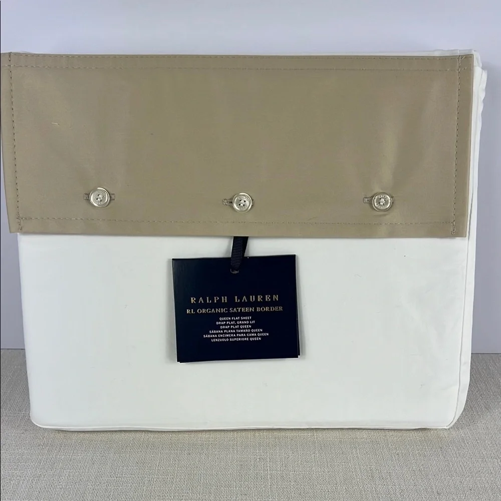 Ralph Lauren Organic Sateen Border Queen Flat Sheet Coastal Sand 96 x 108 NEW